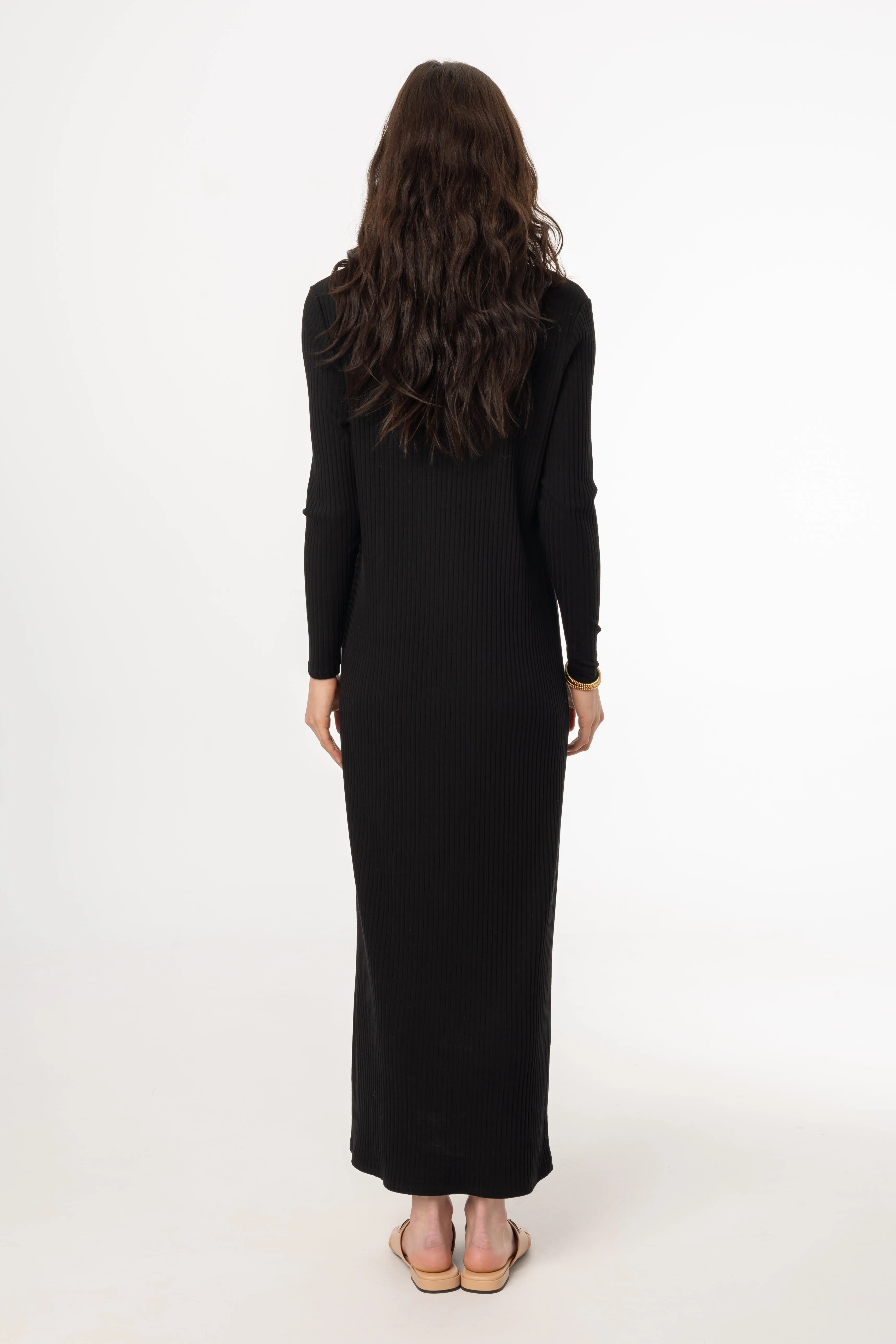 Black Wide Ribbed Basic Maxi Dress Comfortable Sleep