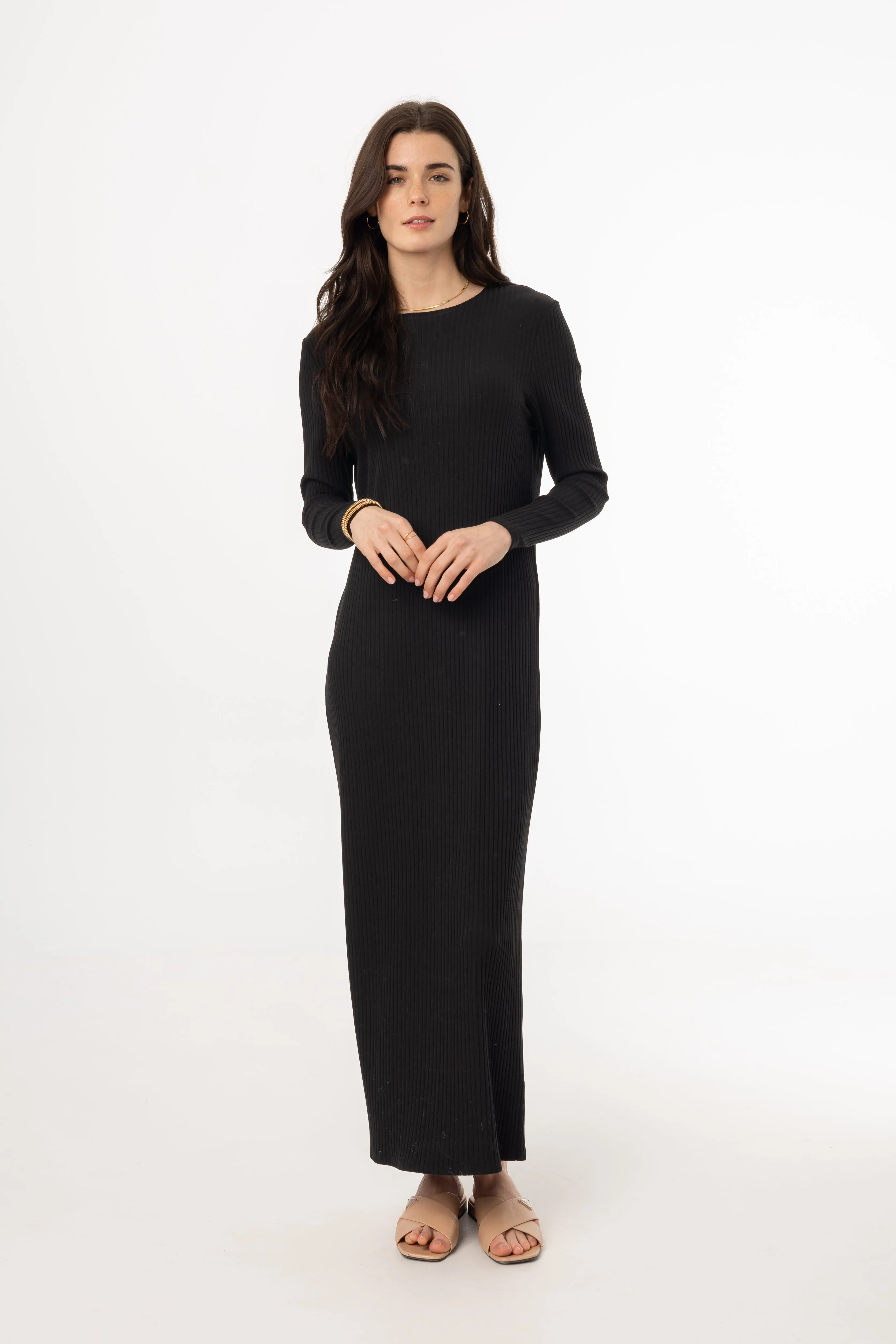 Fast Fit Black Wide Ribbed Basic Maxi Dress