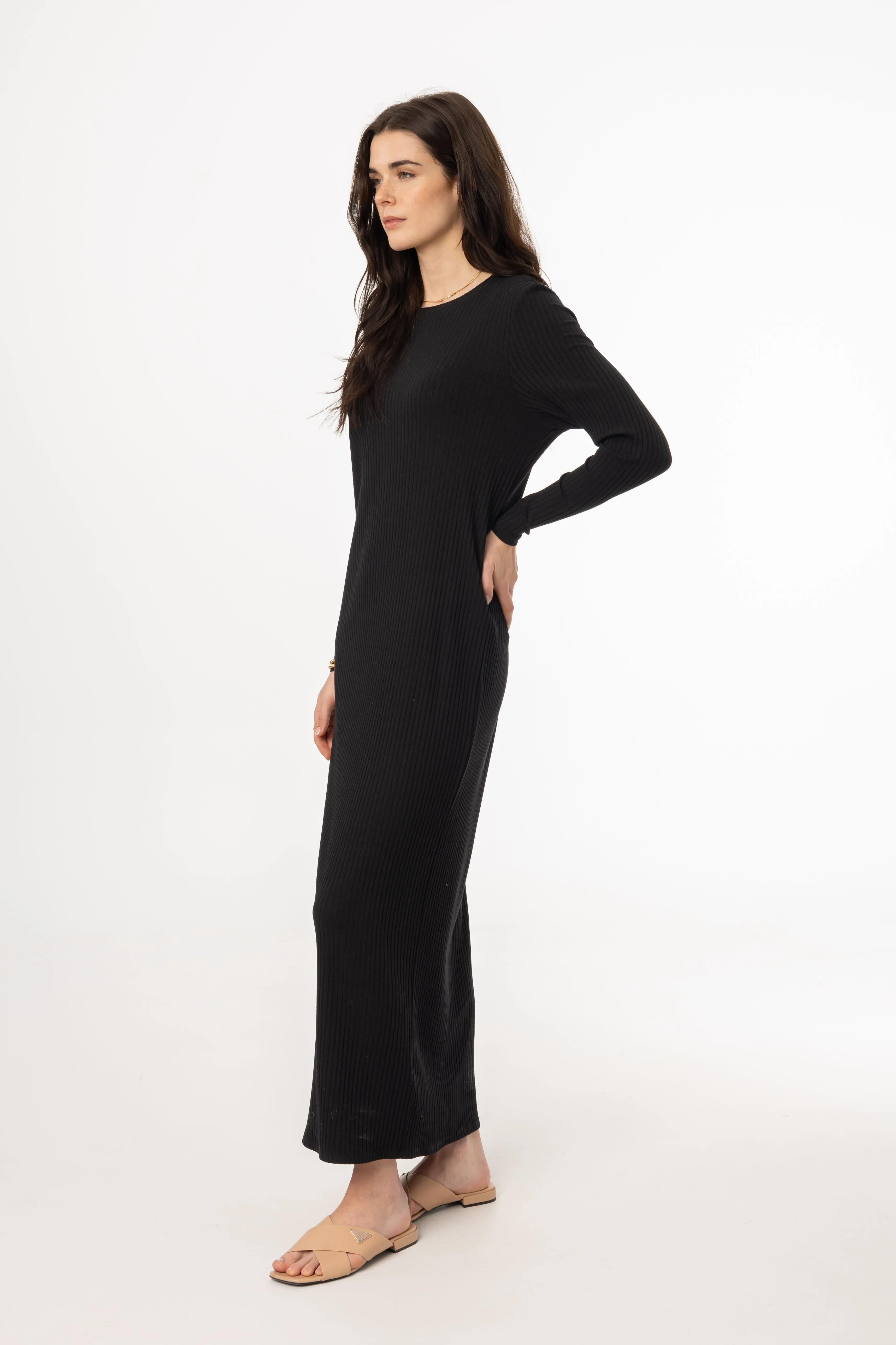 Cool Sweater Art Mood Black Wide Ribbed Basic Maxi Dress