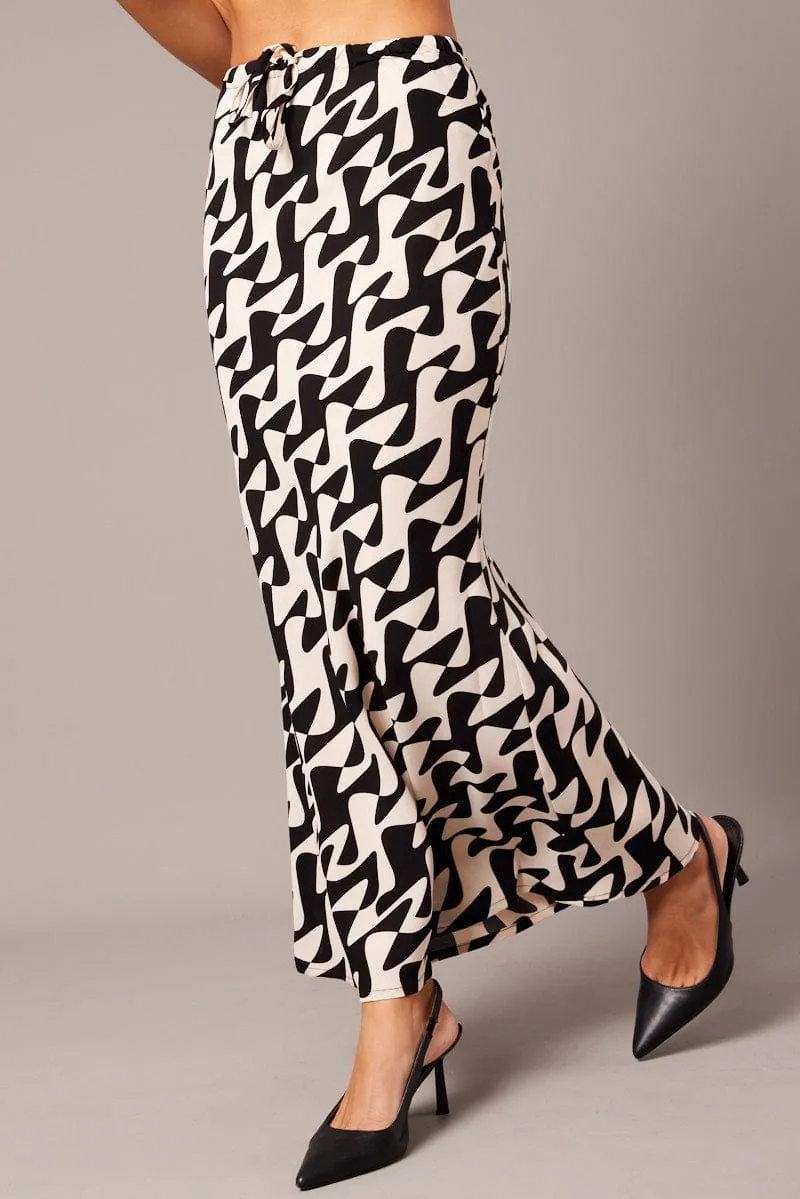 Built In Shorts Black Geo Slip Skirt Maxi Drawstring Waist