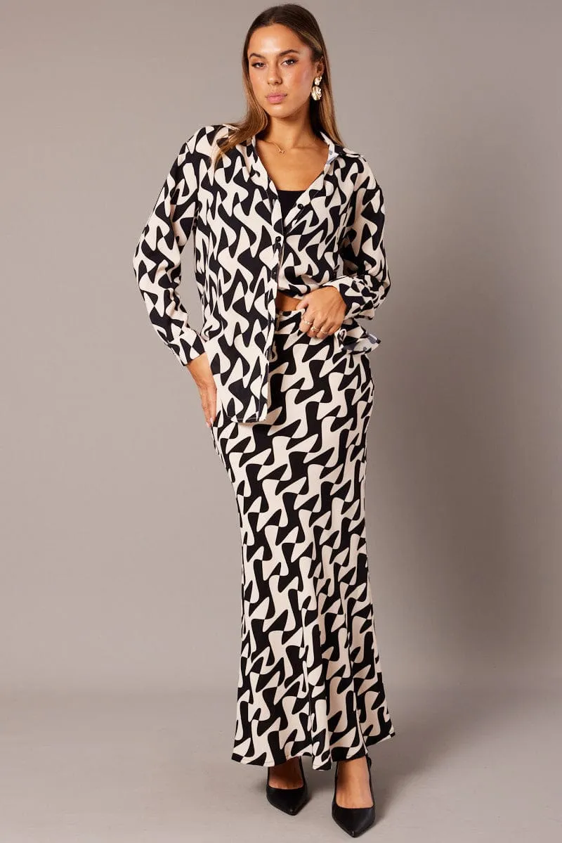 Black Geo Slip Skirt Maxi Drawstring Waist Sophisticated Casual