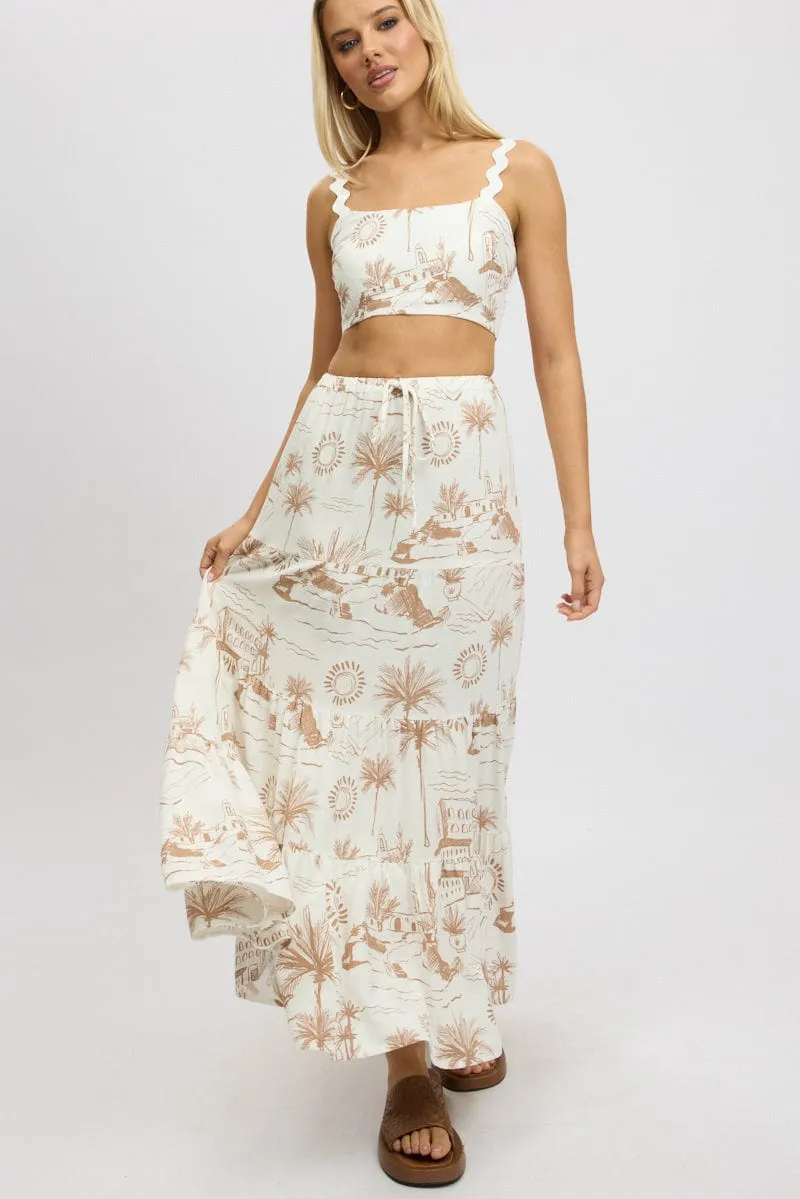 Brown Abstract Maxi Skirt Tiered High Rise Elastic Waistband Pocket Design Tie Dye Style