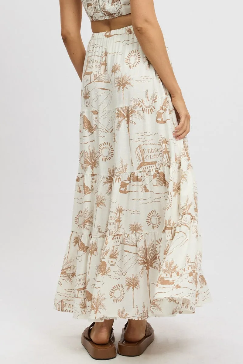 Fresh Look Minimal Design Brown Abstract Maxi Skirt Tiered High Rise Elastic Waistband