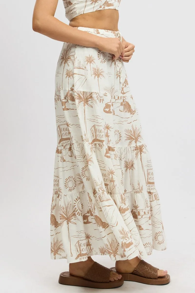 Double Layer Brown Abstract Maxi Skirt Tiered High Rise Elastic Waistband