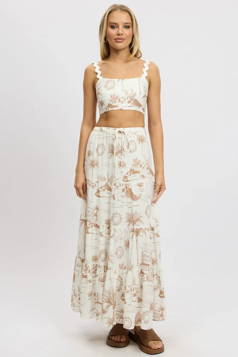 Brown Abstract Maxi Skirt Tiered High Rise Elastic Waistband Global Inspiration