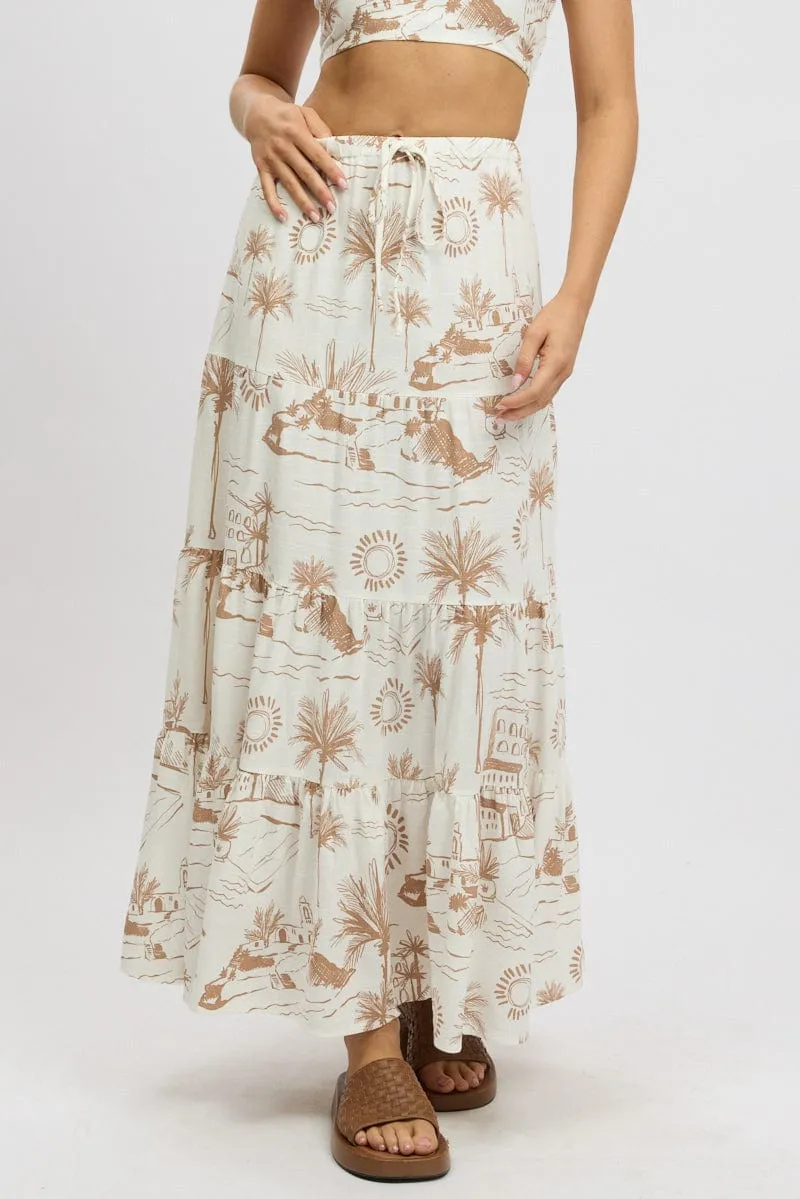 Brown Abstract Maxi Skirt Tiered High Rise Elastic Waistband Athleisure Inspired