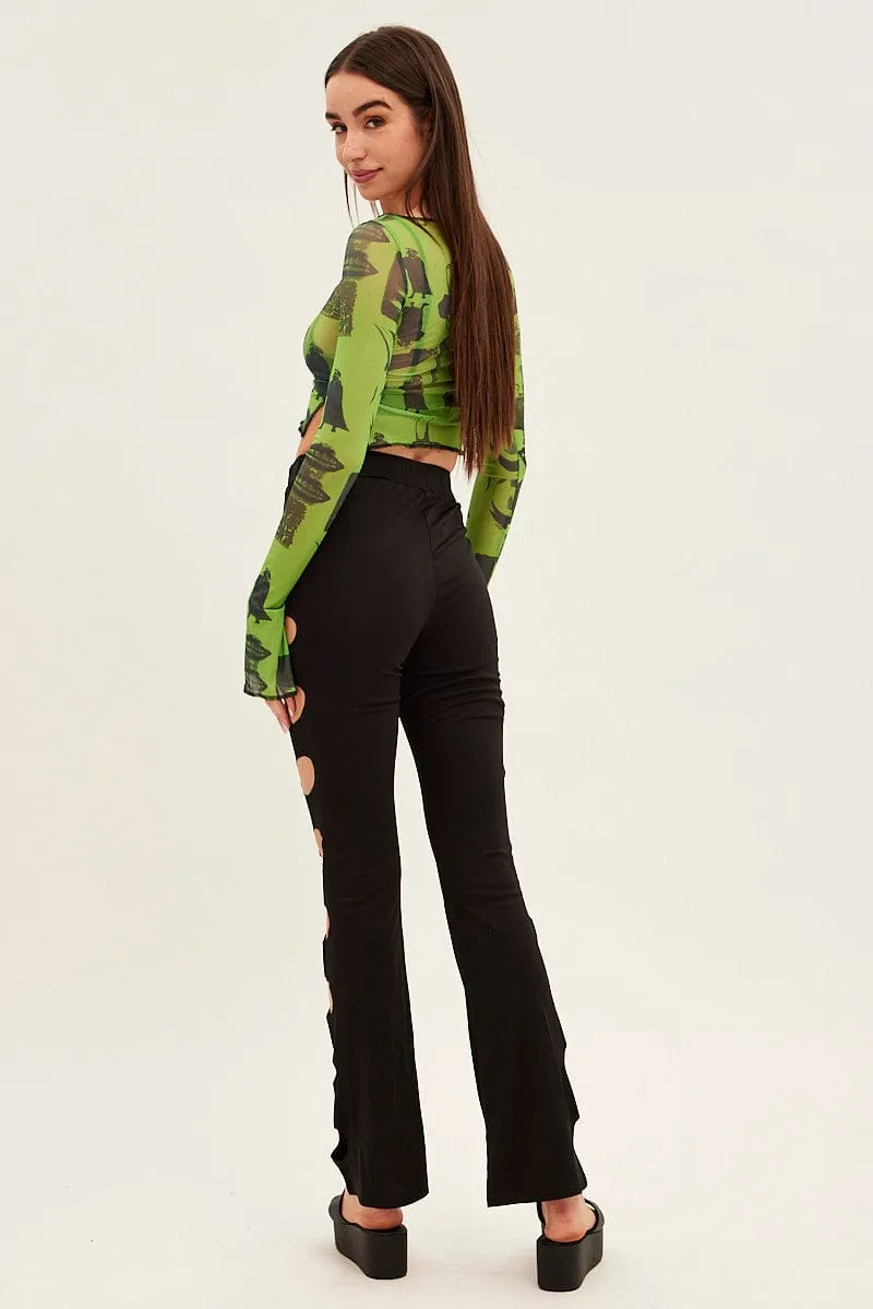 Black Pant Mid Rise Flare ElasticWaist SoftLining