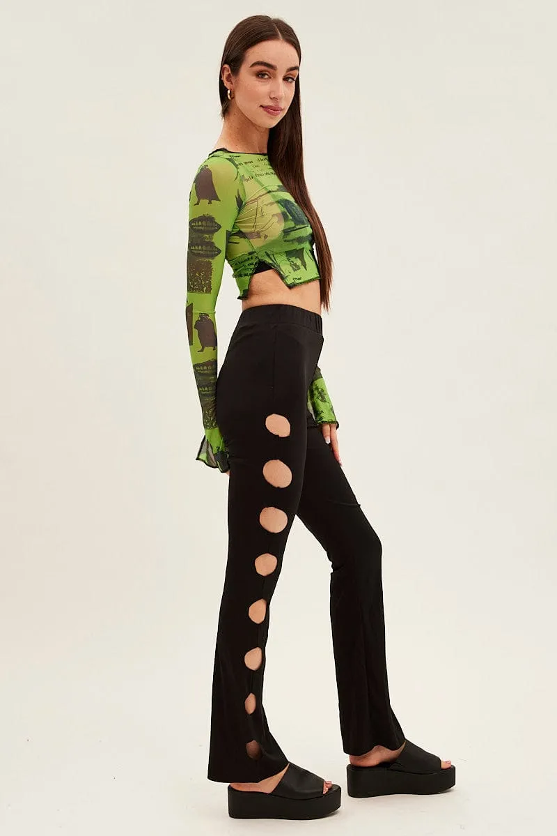 Black Pant Mid Rise Flare Timeless Utility Flat Lock Stitching