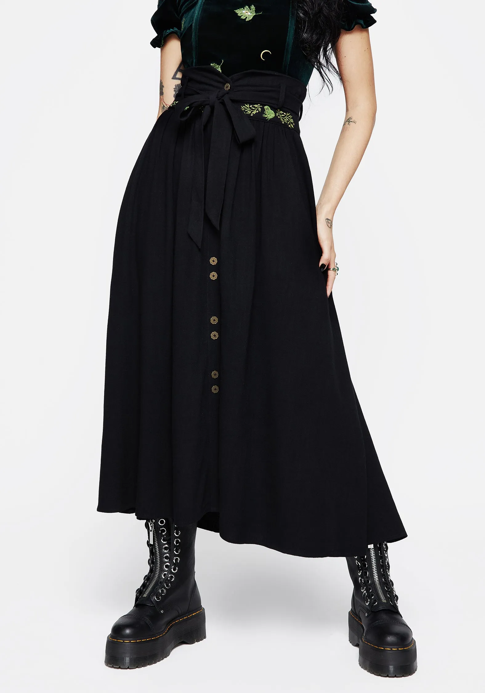 Laidback Feel Swamplife Frog Embroidered Linen Blend High Waist Midaxi Skirt