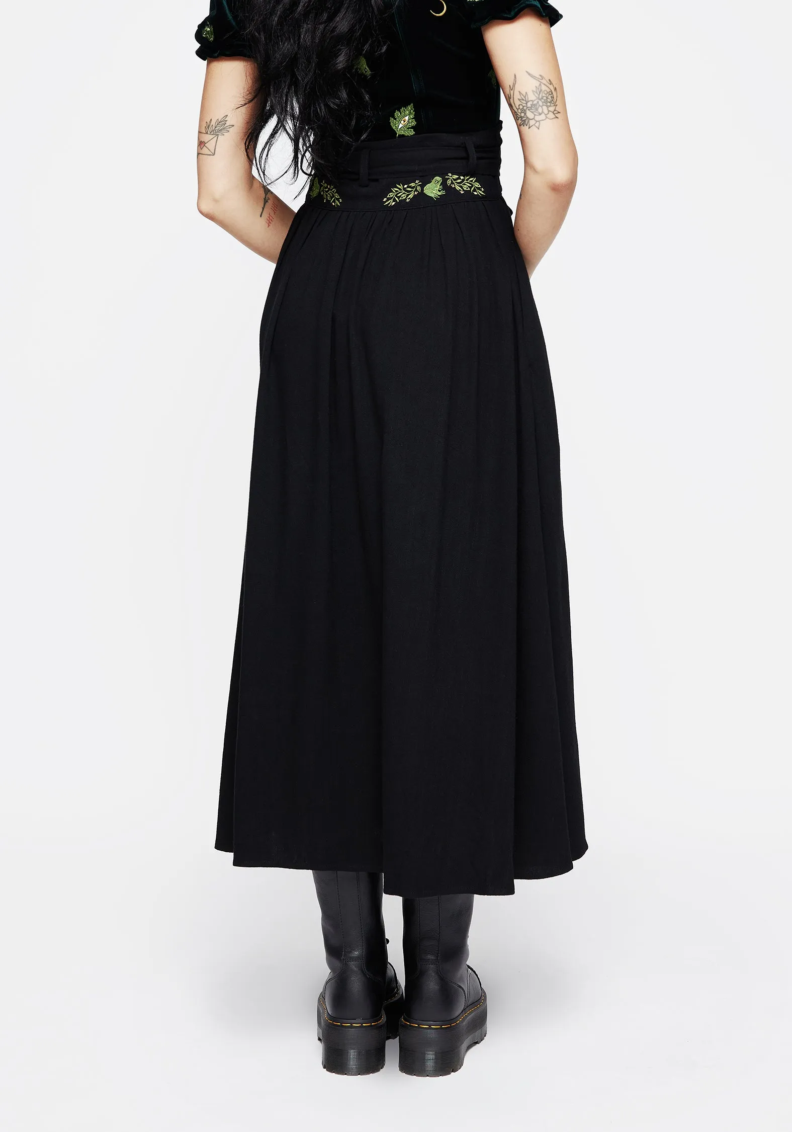 Modern Cut Swamplife Frog Embroidered Linen Blend High Waist Midaxi Skirt