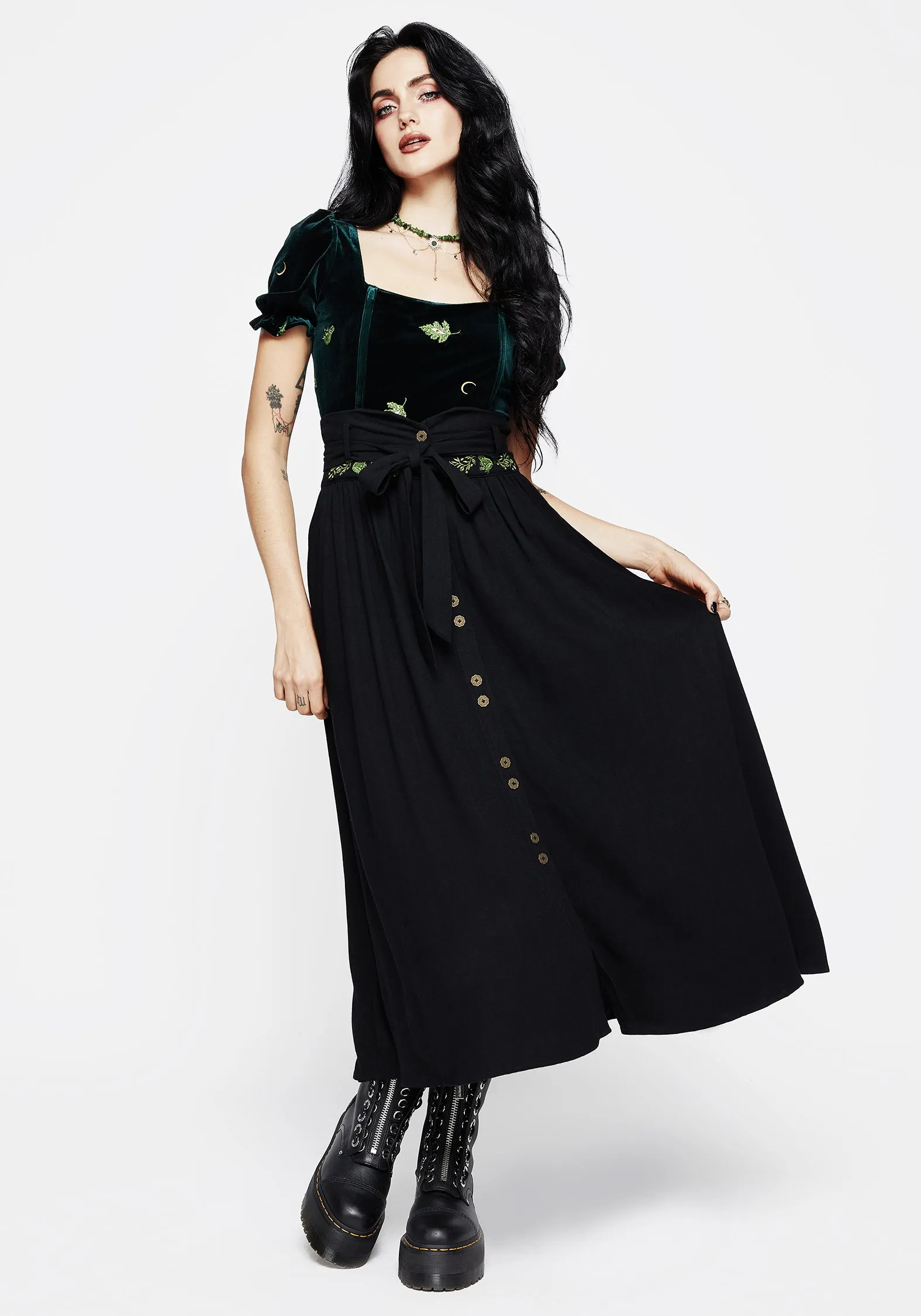 Front Slit Swamplife Frog Embroidered Linen Blend High Waist Midaxi Skirt