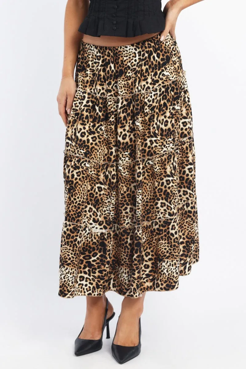 Brown Animal Print Maxi Skirt Tiered High Rise Rayon Lined Neutral palette Signature Detail
