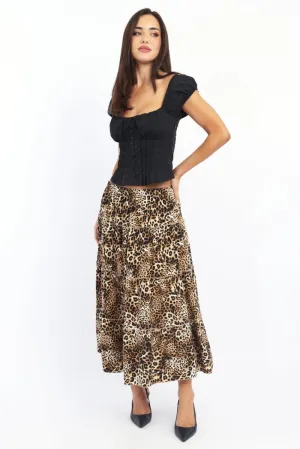 Bold Mood Natural Mood Brown Animal Print Maxi Skirt Tiered High Rise Rayon Lined