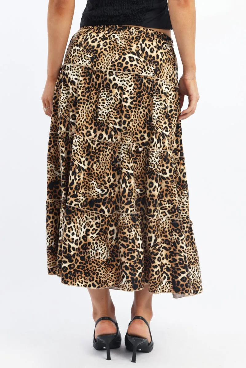 Brown Animal Print Maxi Skirt Tiered High Rise Rayon Lined Multi Purpose Modest Wear