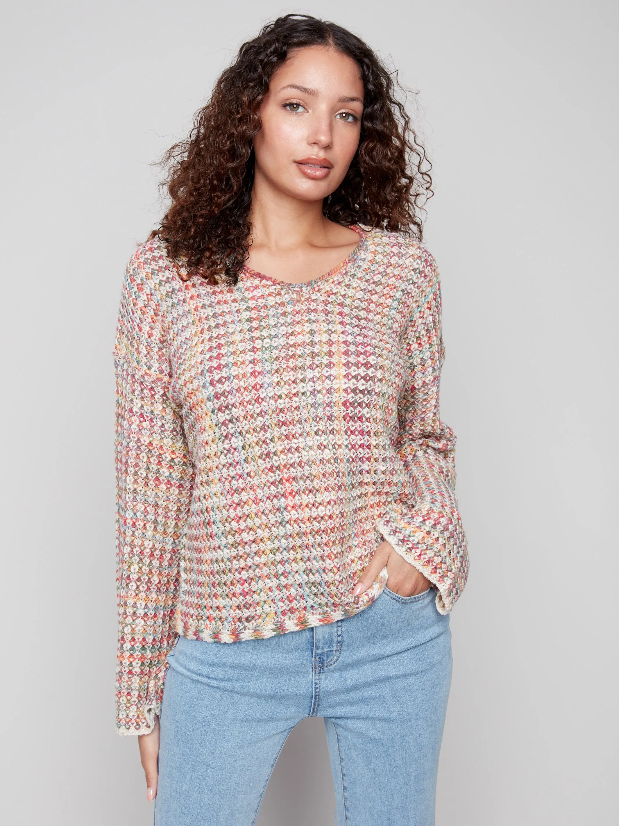 Adaptive Fit Silhouette Novelty Yarn Crochet Sweater - Multicolor