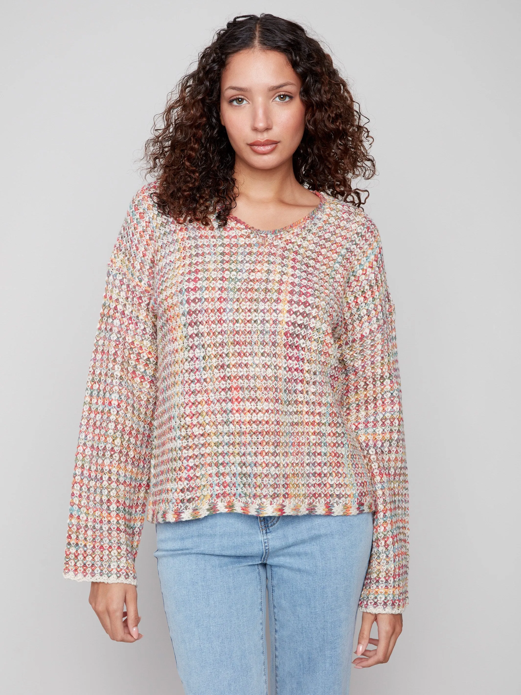 Novelty Yarn Crochet Sweater - Multicolor Non Restrictive Fit Breathable fabric