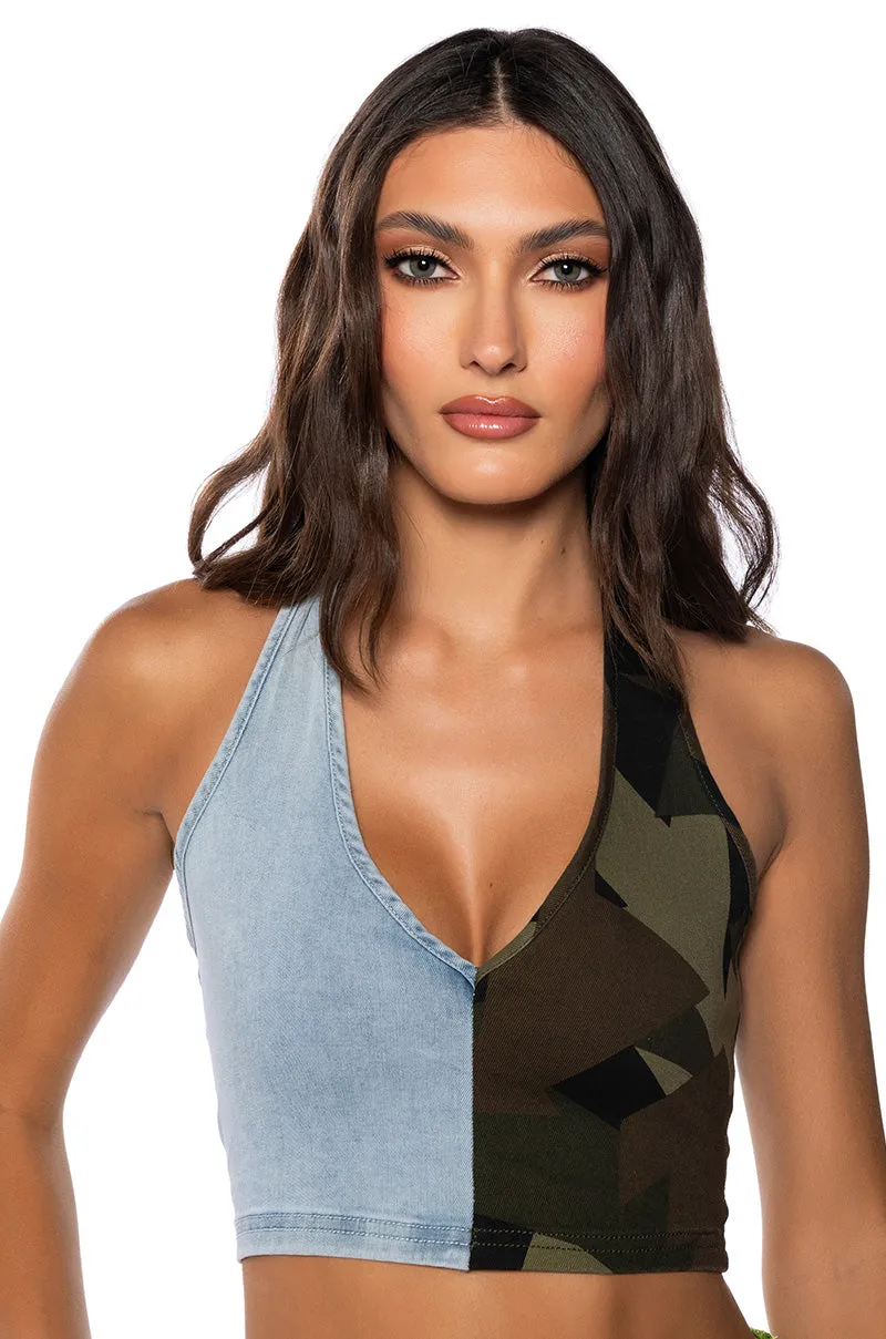SEEING DOUBLE DENIM HALTER TOP Modern Fit night operation