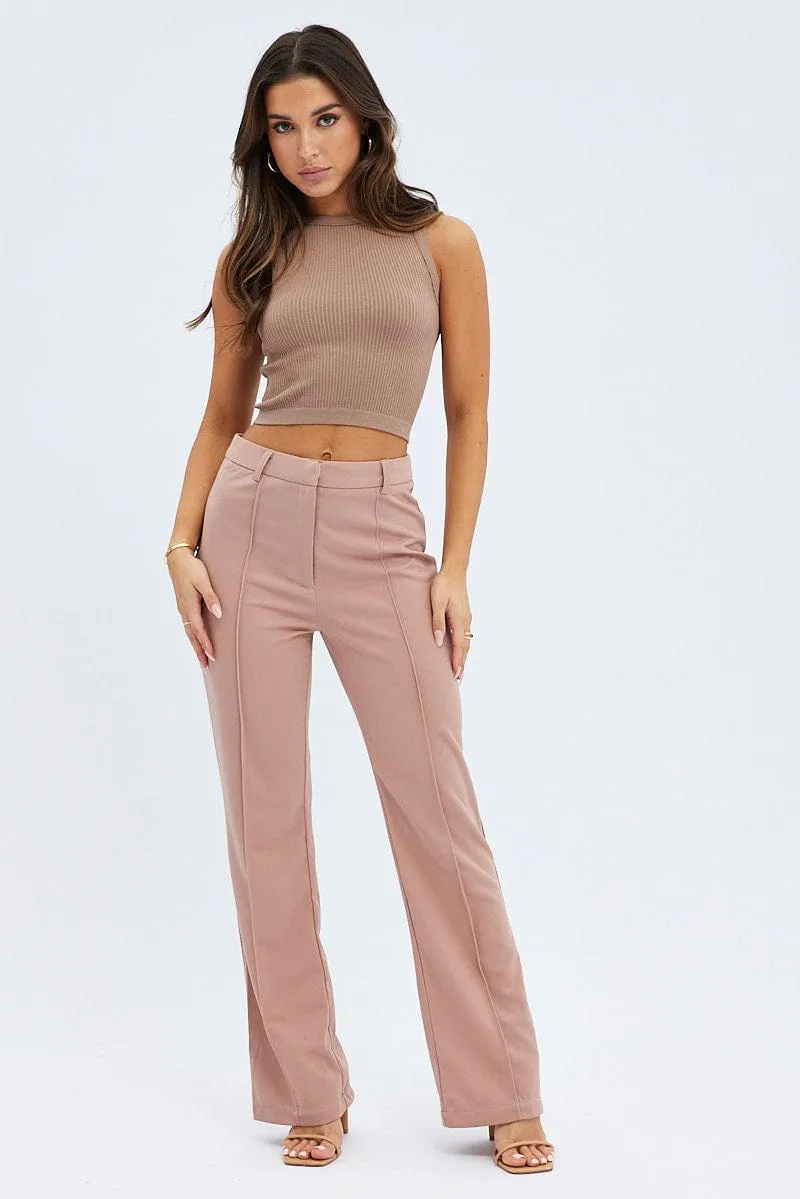 Brown Wide Leg Pants High Rise Workwear Reflective Trim