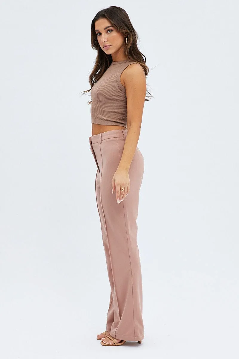 Detachable belt Smooth Fabric Brown Wide Leg Pants High Rise Workwear