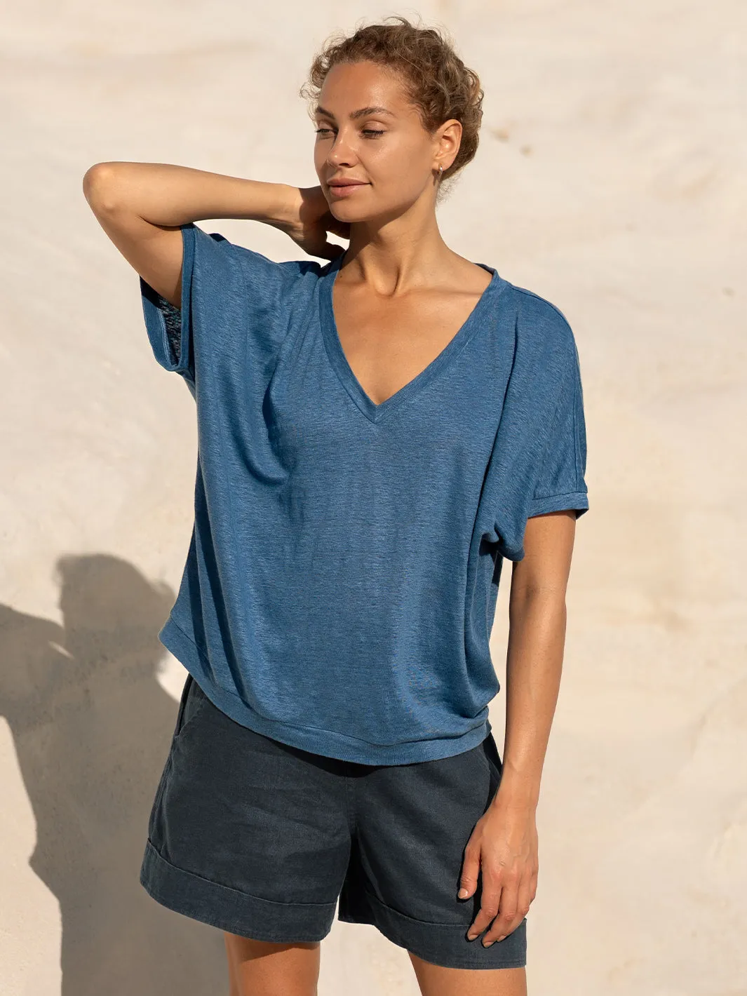Retro Style Versatile Trend Iris Jersey T-Shirt Aegean Blue