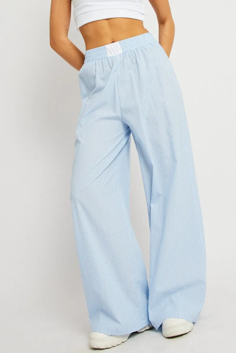 Blue Stripe Wide Leg Pants High Rise Weekend Wear