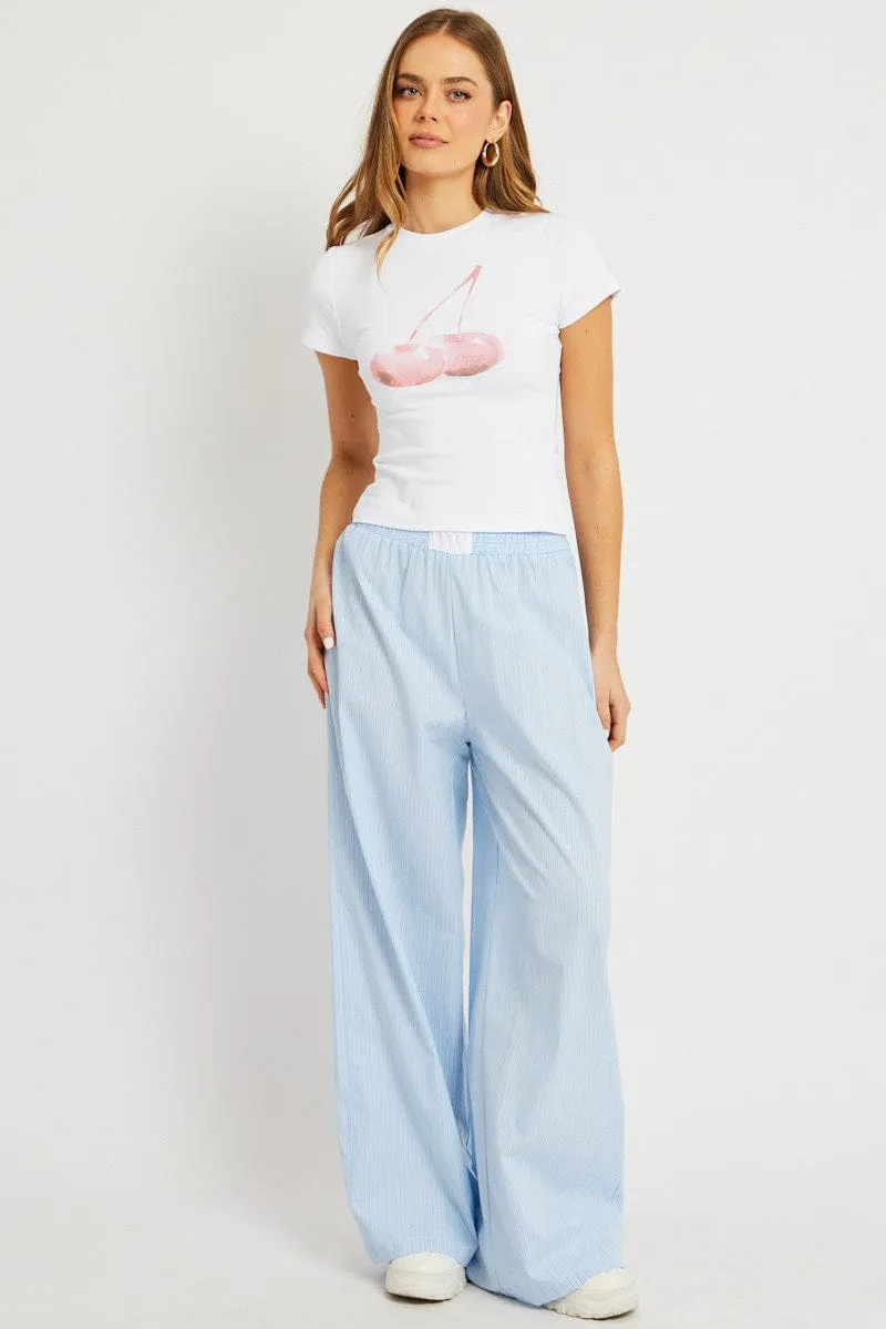 Blue Stripe Wide Leg Pants High Rise Outdoor Friendly Simple Comfort