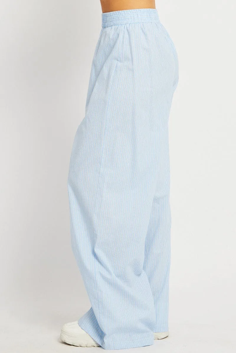 Classic Design Blue Stripe Wide Leg Pants High Rise