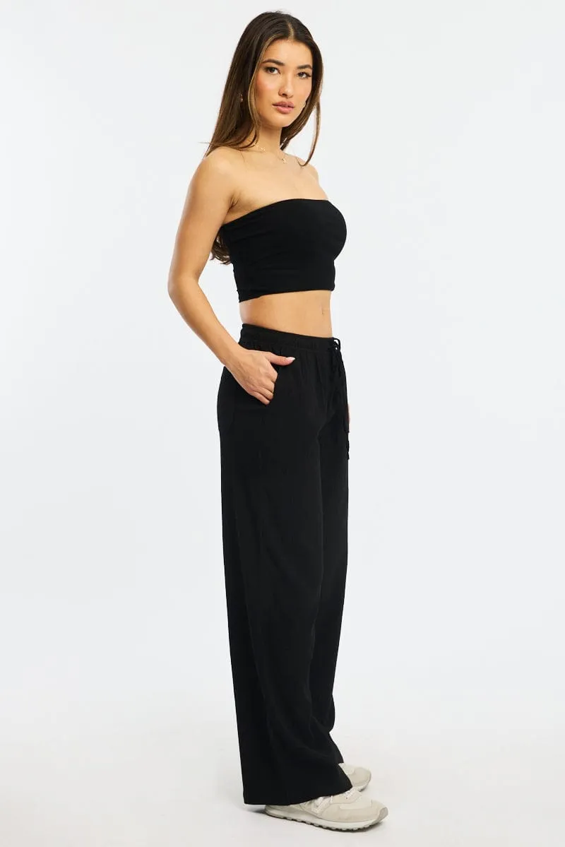 Formal Look Multi Panel Construction Black Wide Leg Pants Elasticated Waist