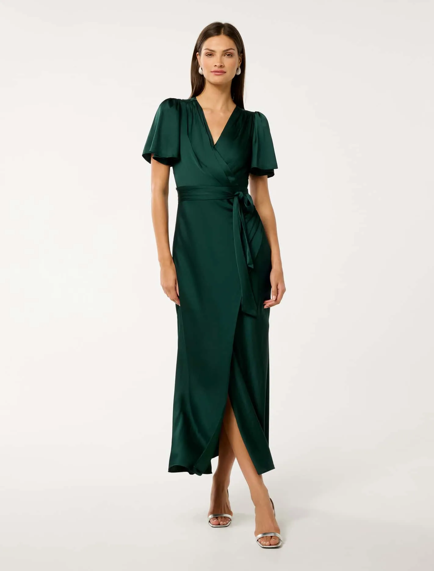 Marina Walk Ice Bloom Chelsea Flutter Sleeve Satin Maxi Dress
