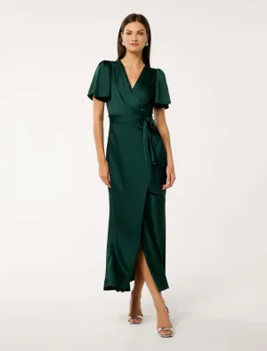 Angel Feel Fold Art Chelsea Flutter Sleeve Satin Maxi Dress