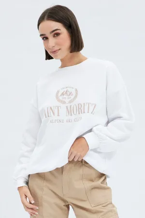 Retro Print White Graphic Sweater Long Sleeve