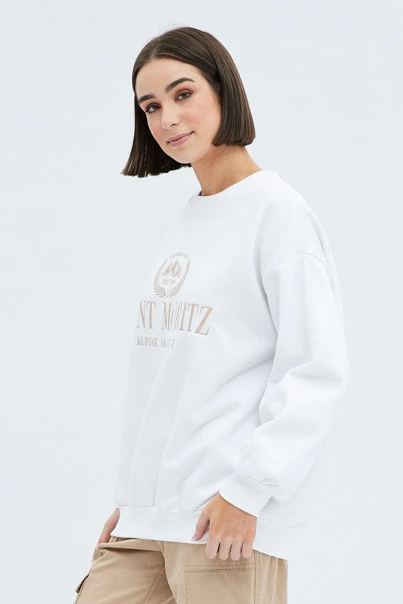 White Graphic Sweater Long Sleeve suitable for cycling active top