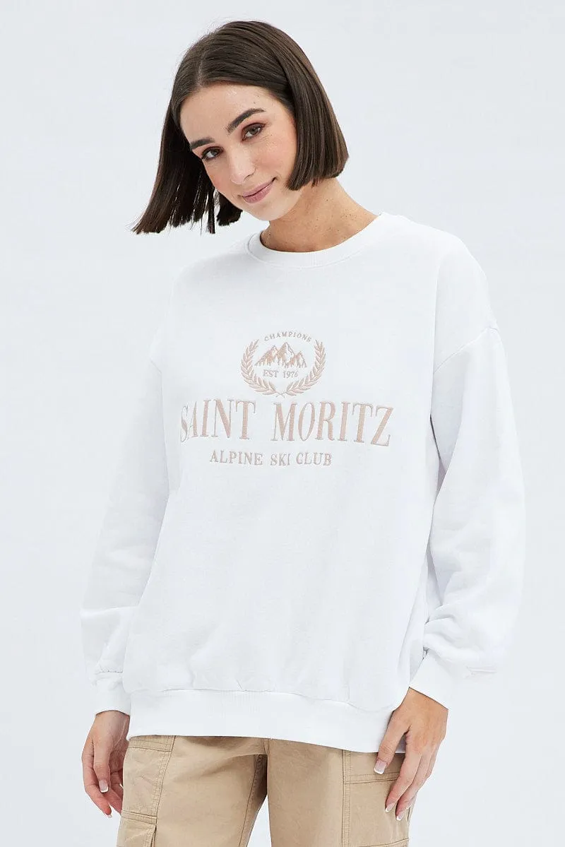 Minimal Look White Graphic Sweater Long Sleeve