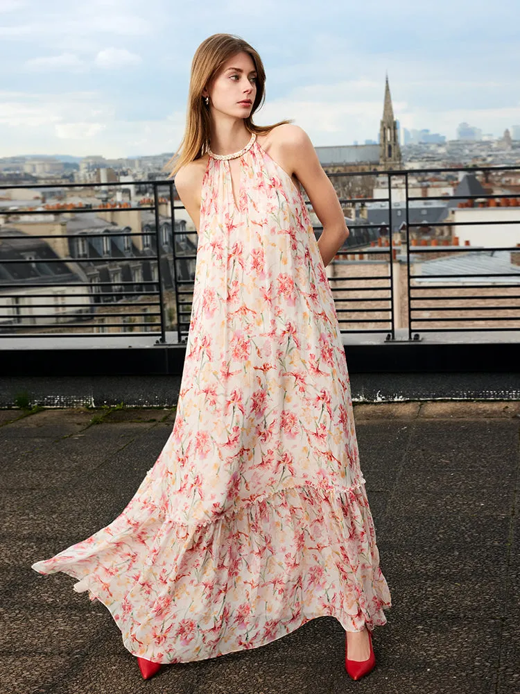10 Momme Mulberry Silk Iris Print Halter Ruffle Women Maxi Dress Swim Easy hypoallergenic material