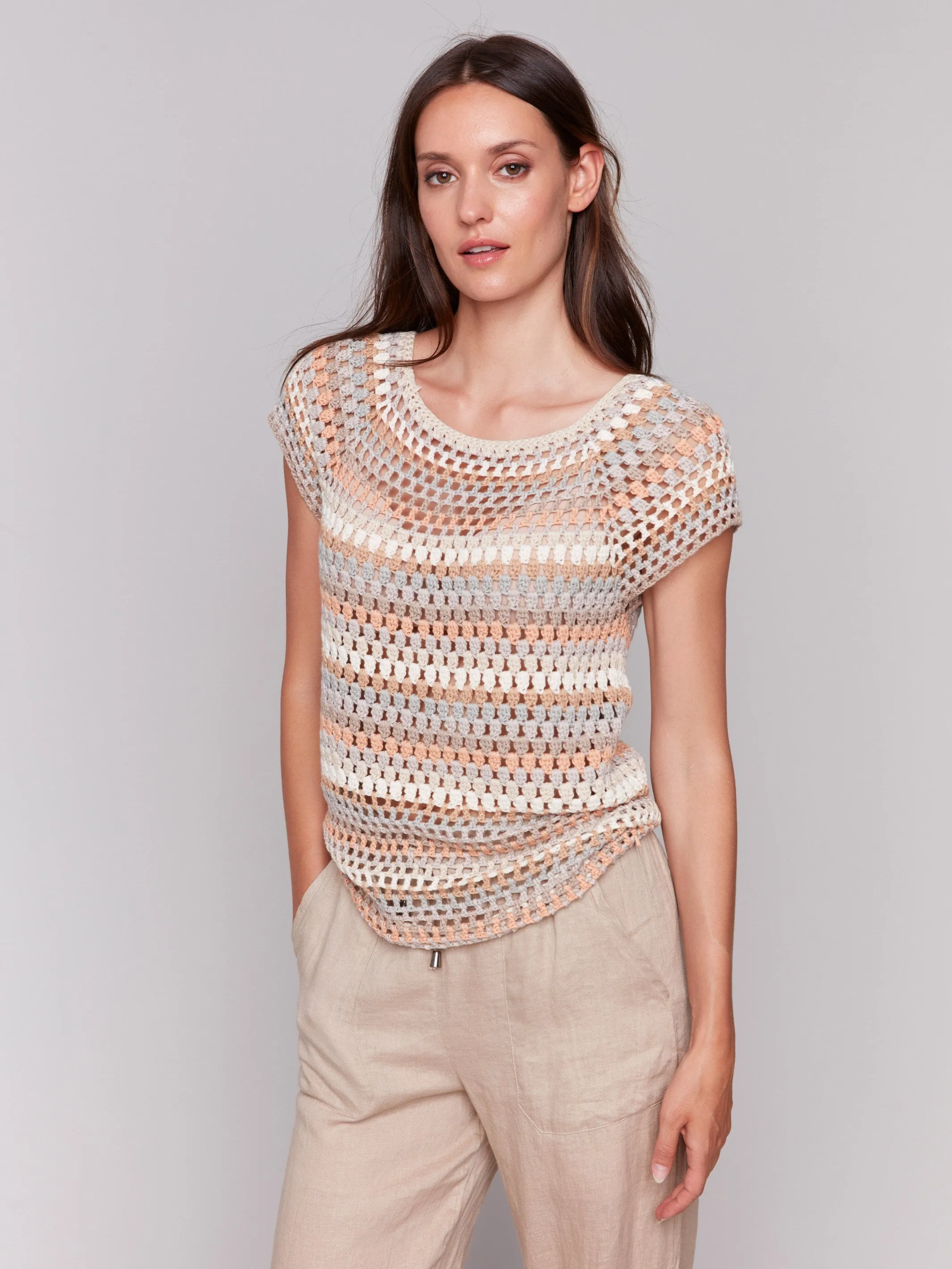 Crochet Cap Sleeve Top - Pebble All Season Knitwear Cold Weather Wear
