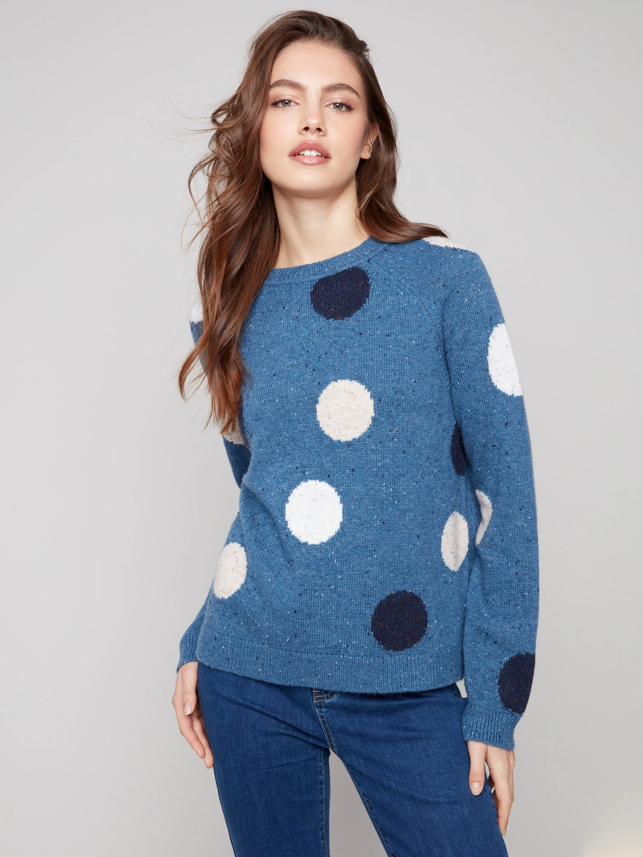 Nep Yarn Mock Neck Polka Dot Sweater - Heather Oxford Warm Outfit Casual Comfort Wear