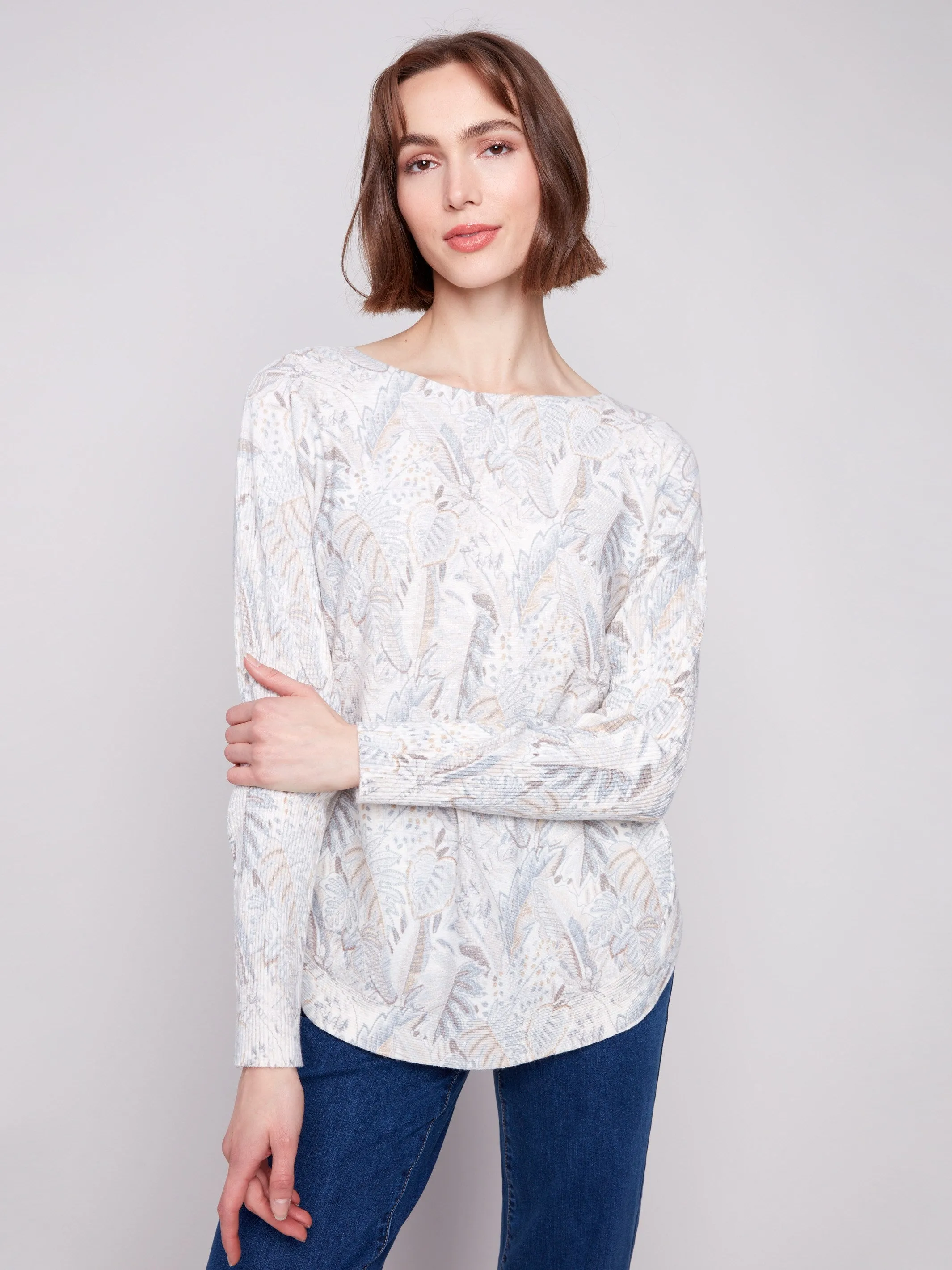 Chilly Day Wear Four Way Stretch Fabric Printed Rounded Hem Sweater - Foliage