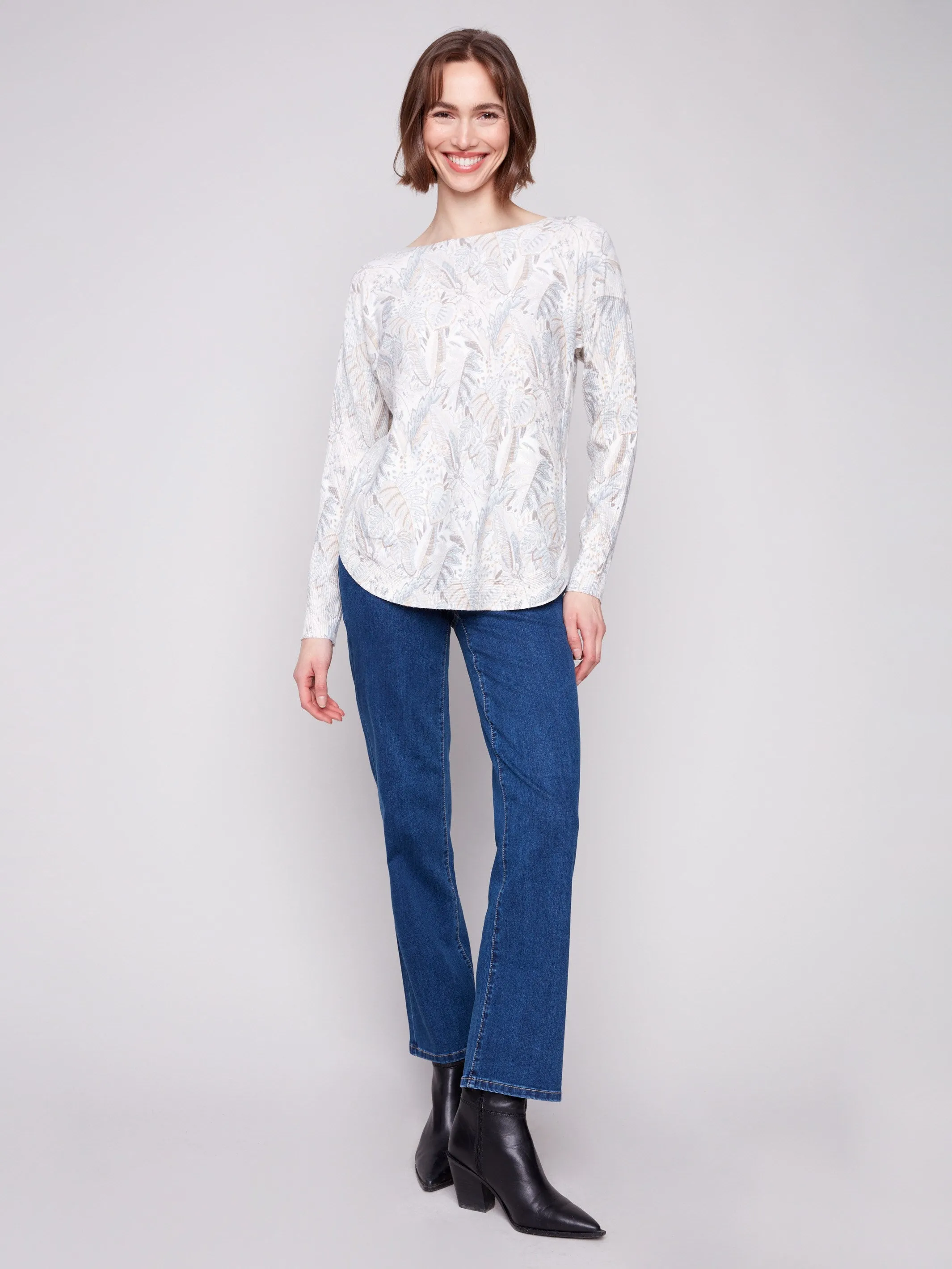 Printed Rounded Hem Sweater - Foliage Winter Ready Layer