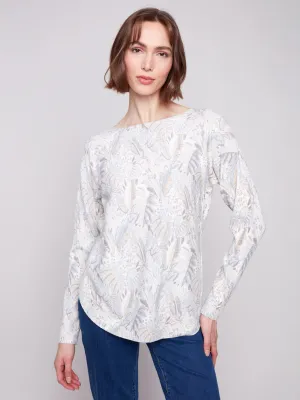 Timeless Style Natural Fiber Blend Printed Rounded Hem Sweater - Foliage