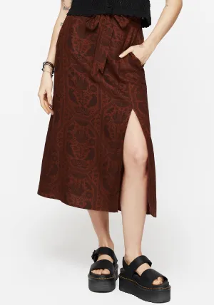 Chic casual Draped Silhouette Annabel Raven Print Split Front Midi Skirt - Rust