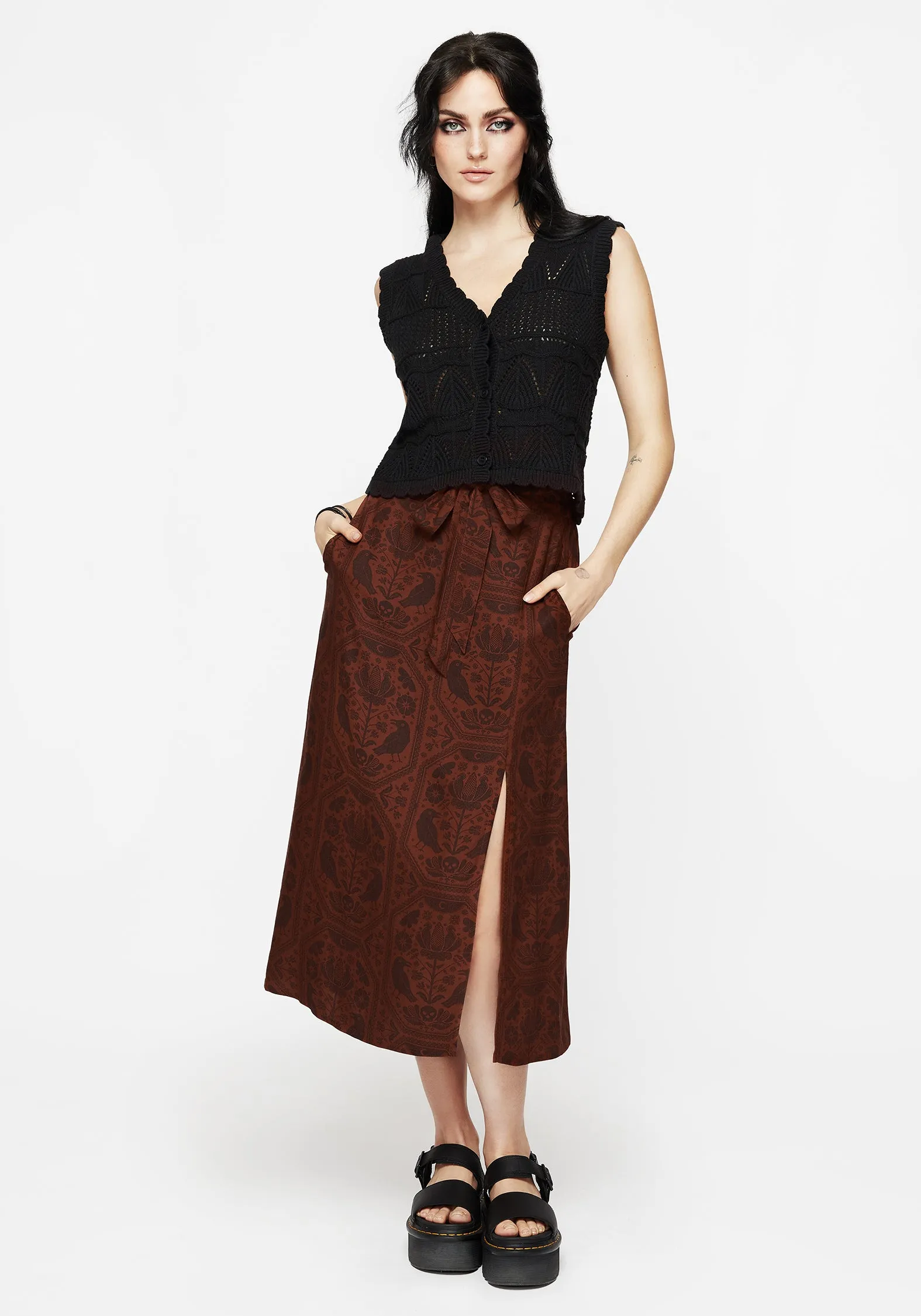 Velvet Finish Chill Mood Annabel Raven Print Split Front Midi Skirt - Rust