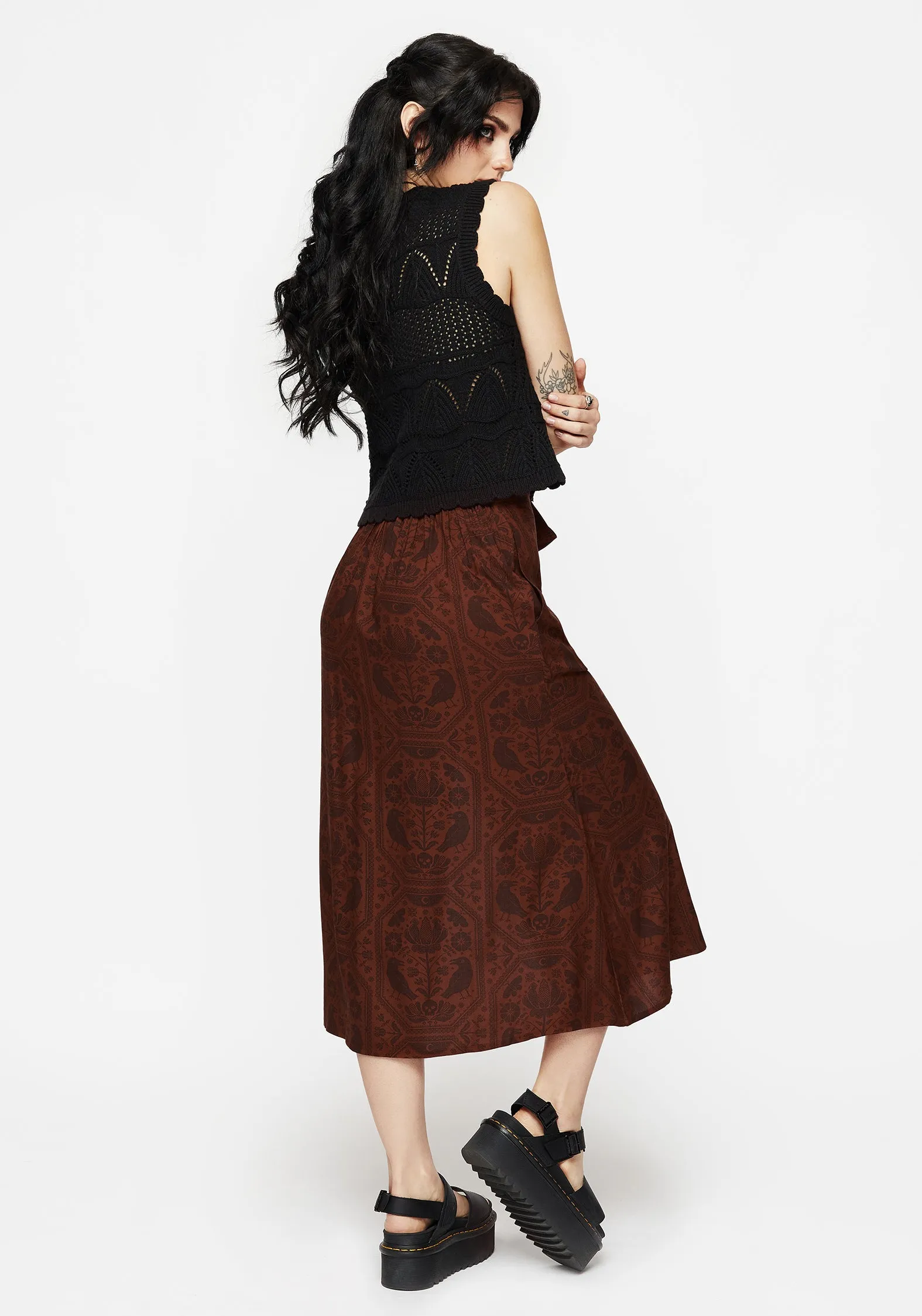 Annabel Raven Print Split Front Midi Skirt - Rust Maxi length Recycled Polyester