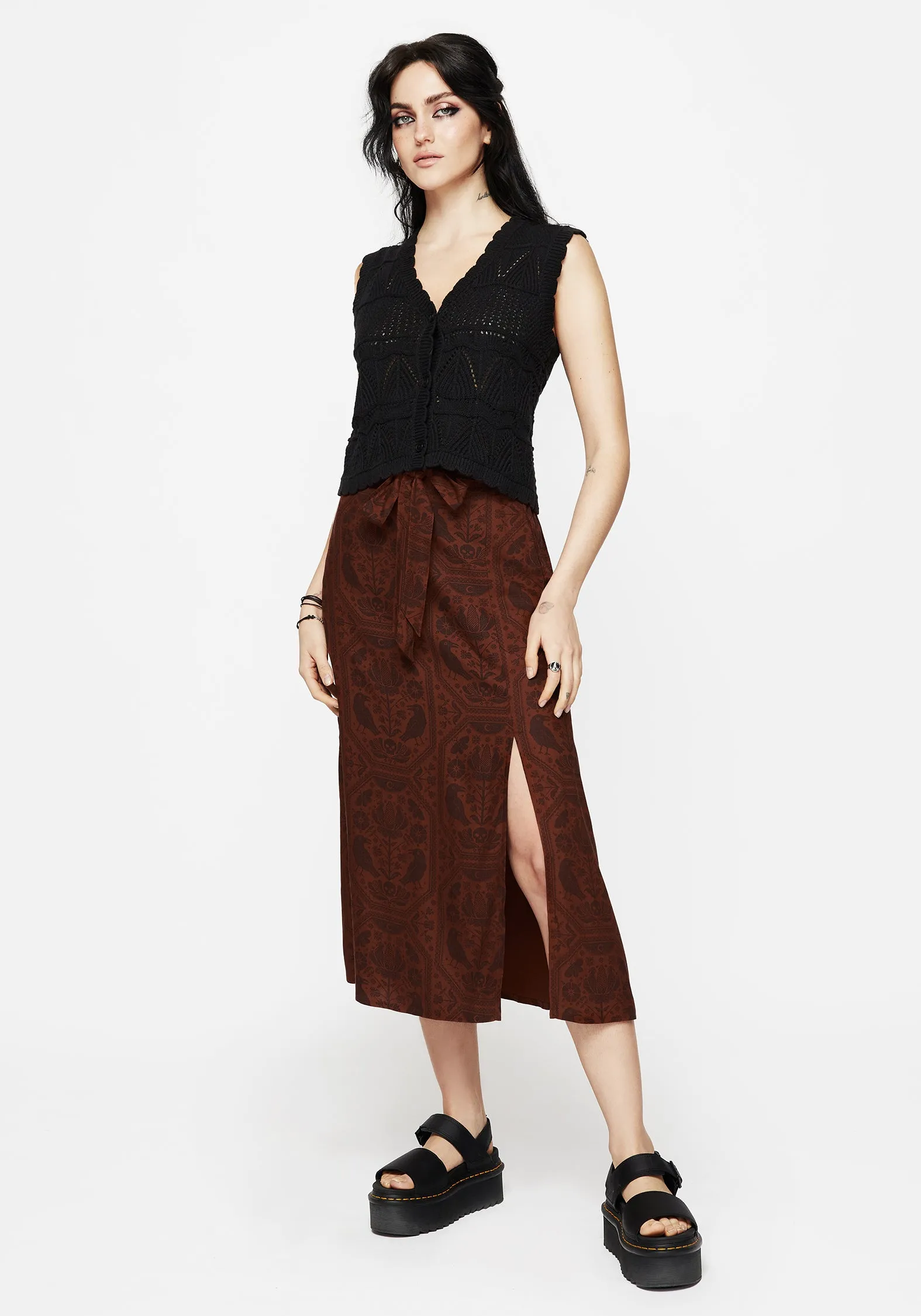 Tagless label Style Layering Annabel Raven Print Split Front Midi Skirt - Rust
