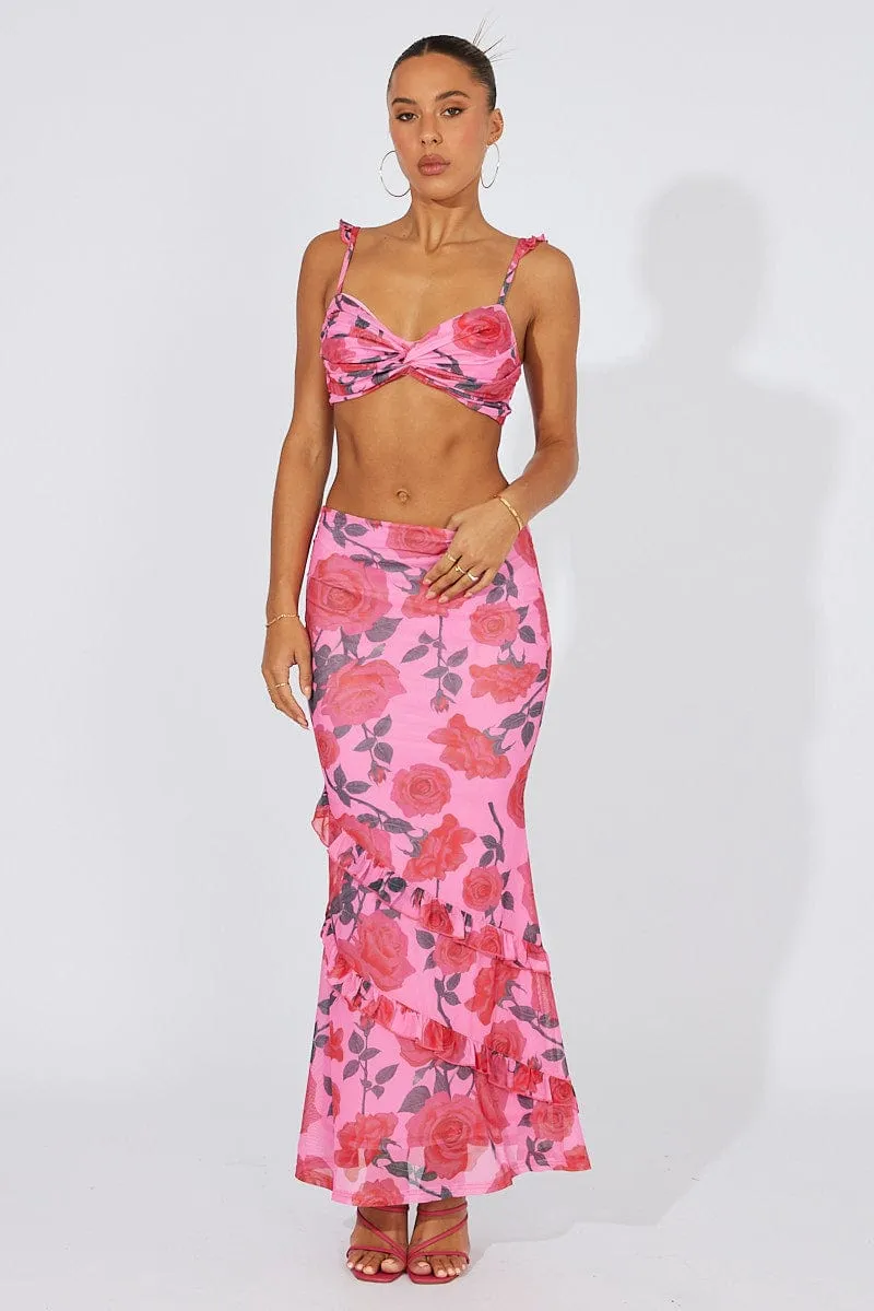 Multi Floral Maxi Skirt Mesh Asymmetric Ruffle Removable Belt Flowy Drape