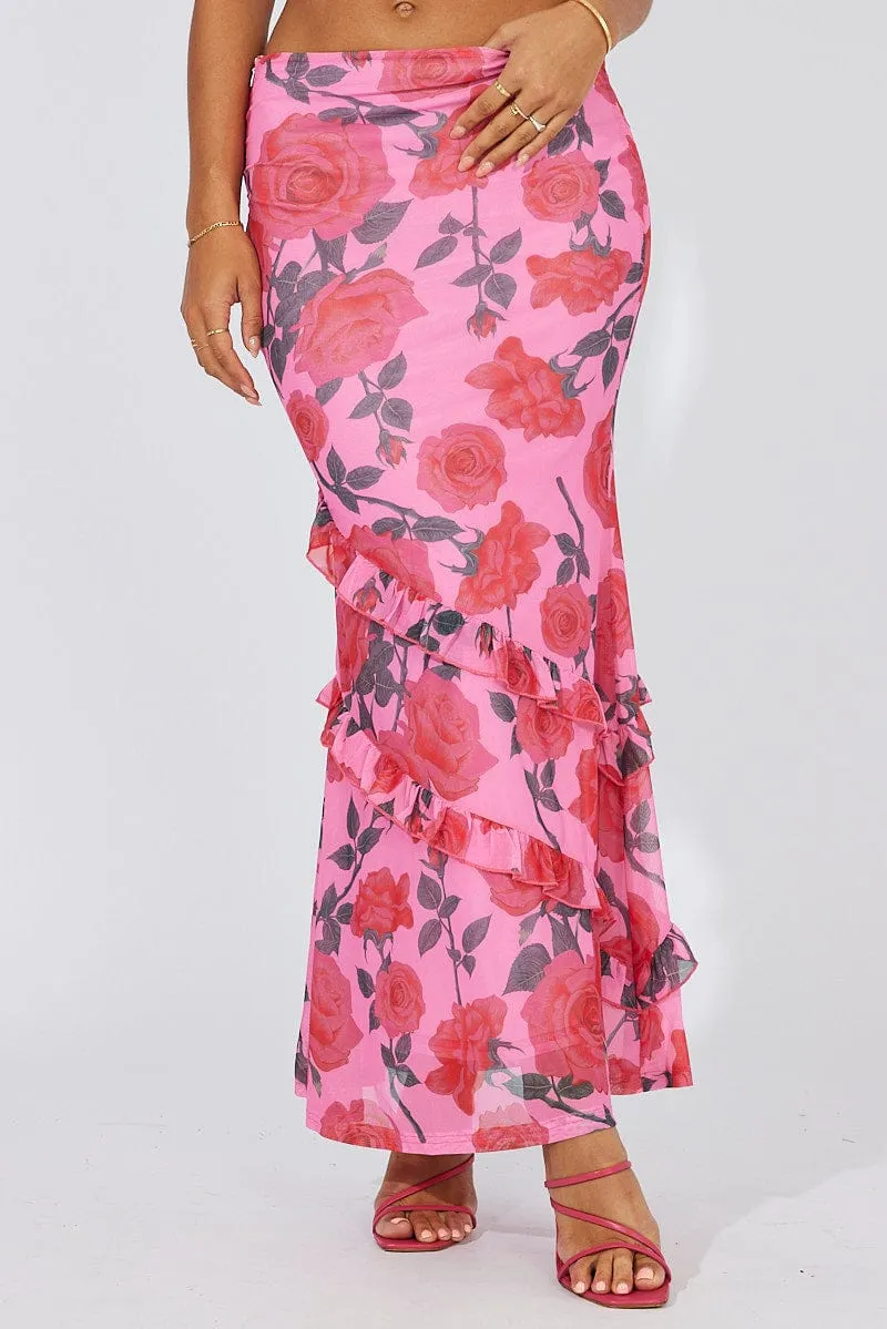 Hand Painted Reimagined Classic Multi Floral Maxi Skirt Mesh Asymmetric Ruffle