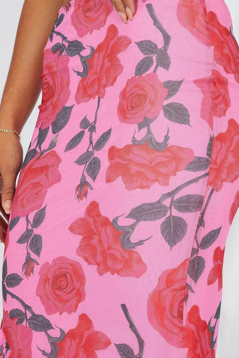 Multi Floral Maxi Skirt Mesh Asymmetric Ruffle Balanced Outfit