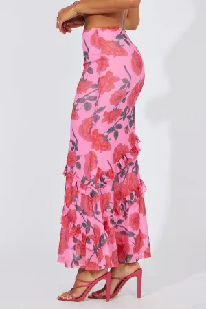 Road Trip Multi Floral Maxi Skirt Mesh Asymmetric Ruffle