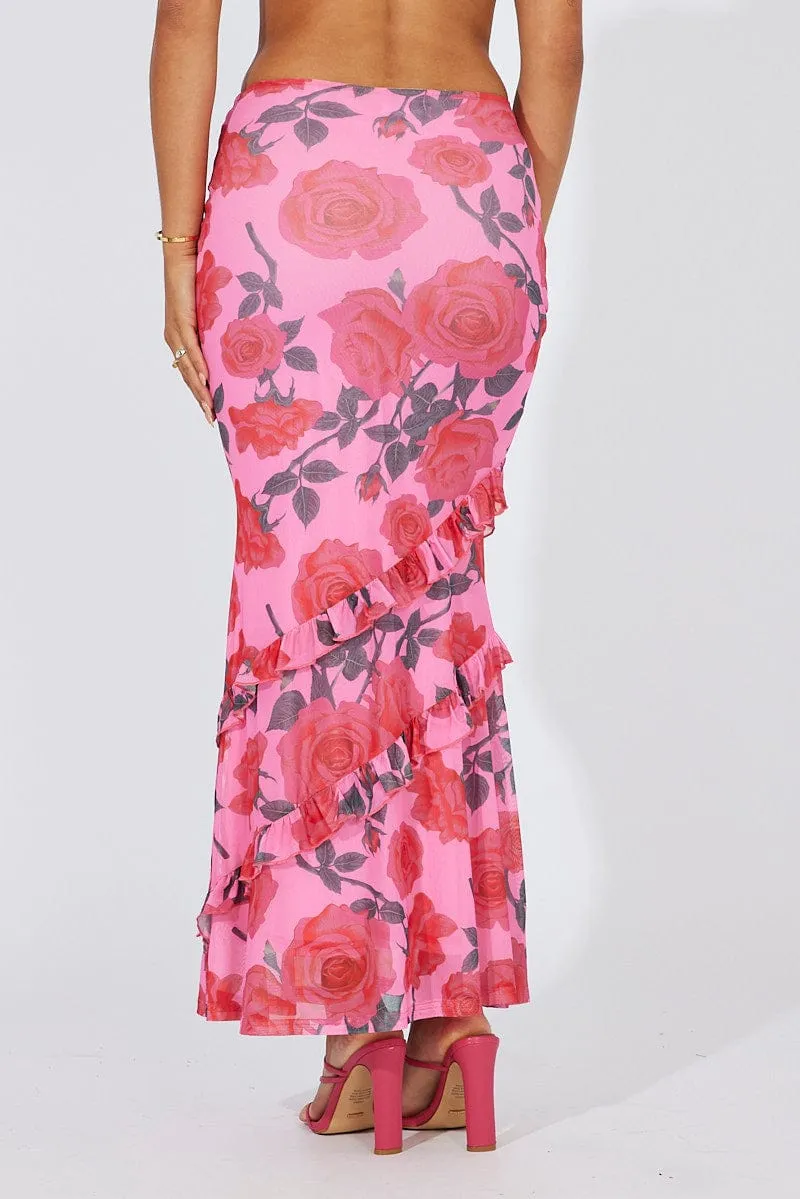 City Wear Flexible Knit Multi Floral Maxi Skirt Mesh Asymmetric Ruffle