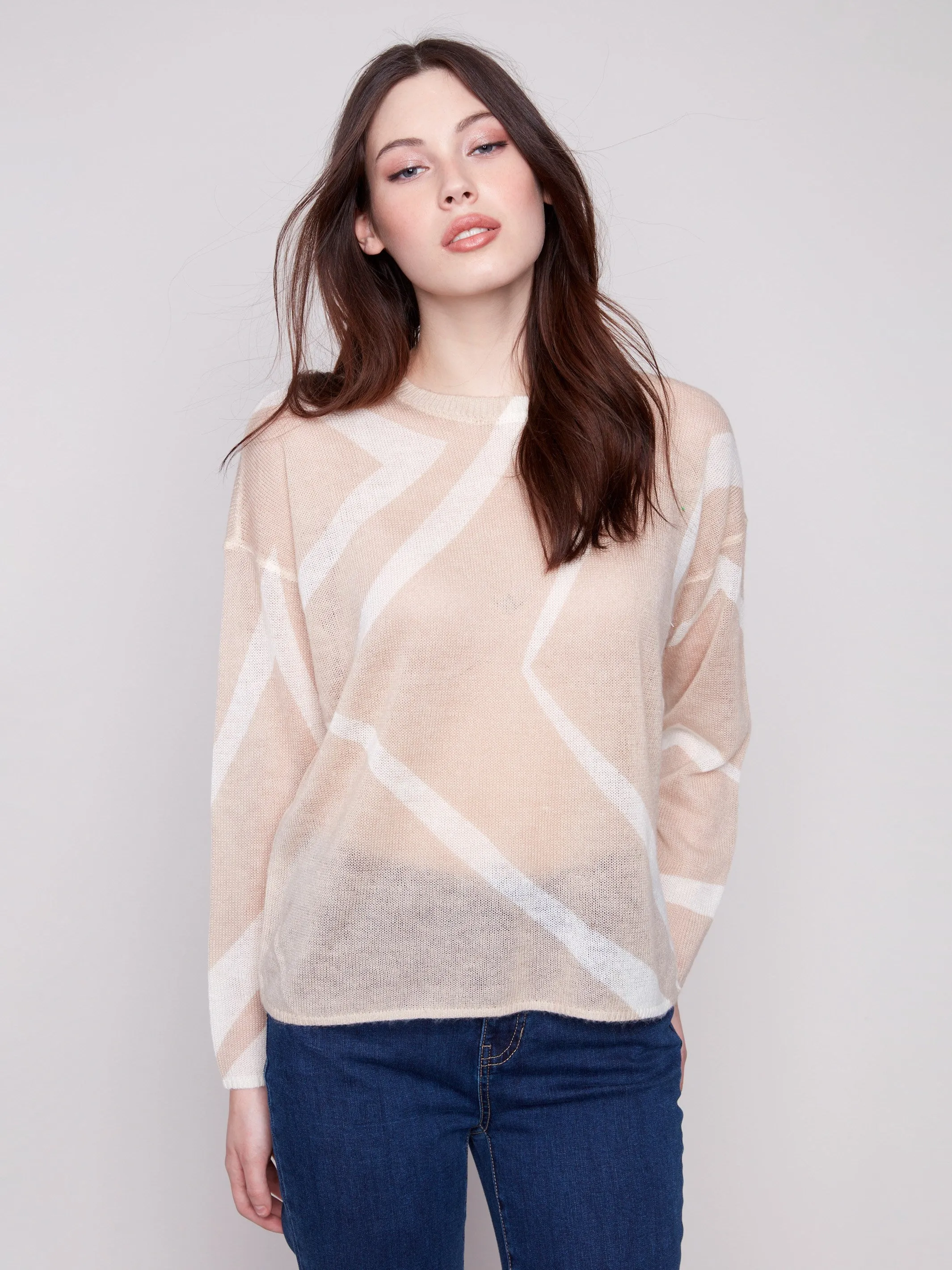 Low Maintenance Fabric Printed Lightweight Mohair-Effect Knit Sweater - Sesame & Ecru