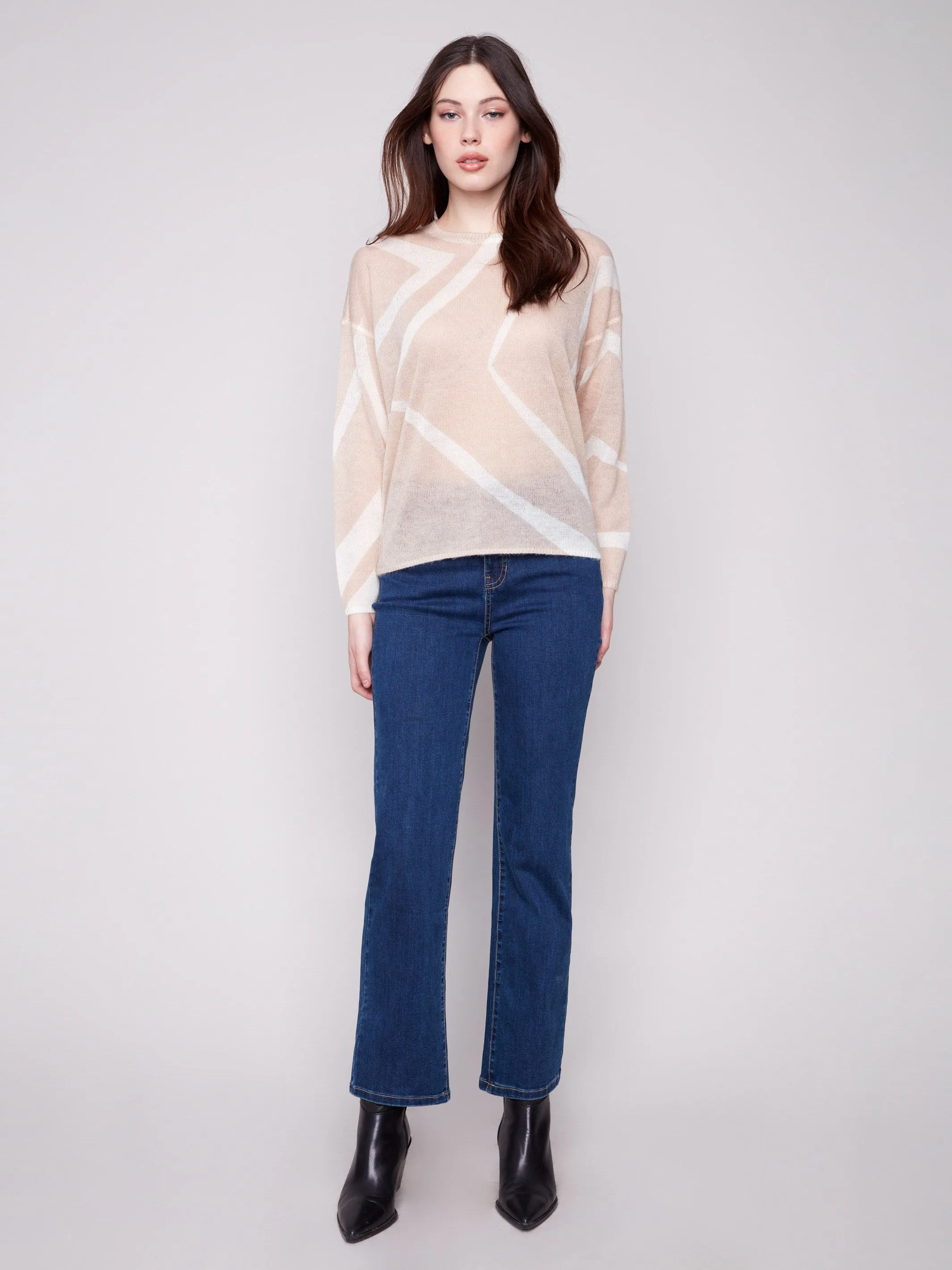 Printed Lightweight Mohair-Effect Knit Sweater - Sesame & Ecru Premium Knitwear